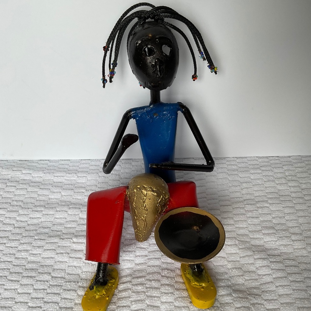 African Metal Art Handmade Sculpture - Musician Playing Bongo Drum